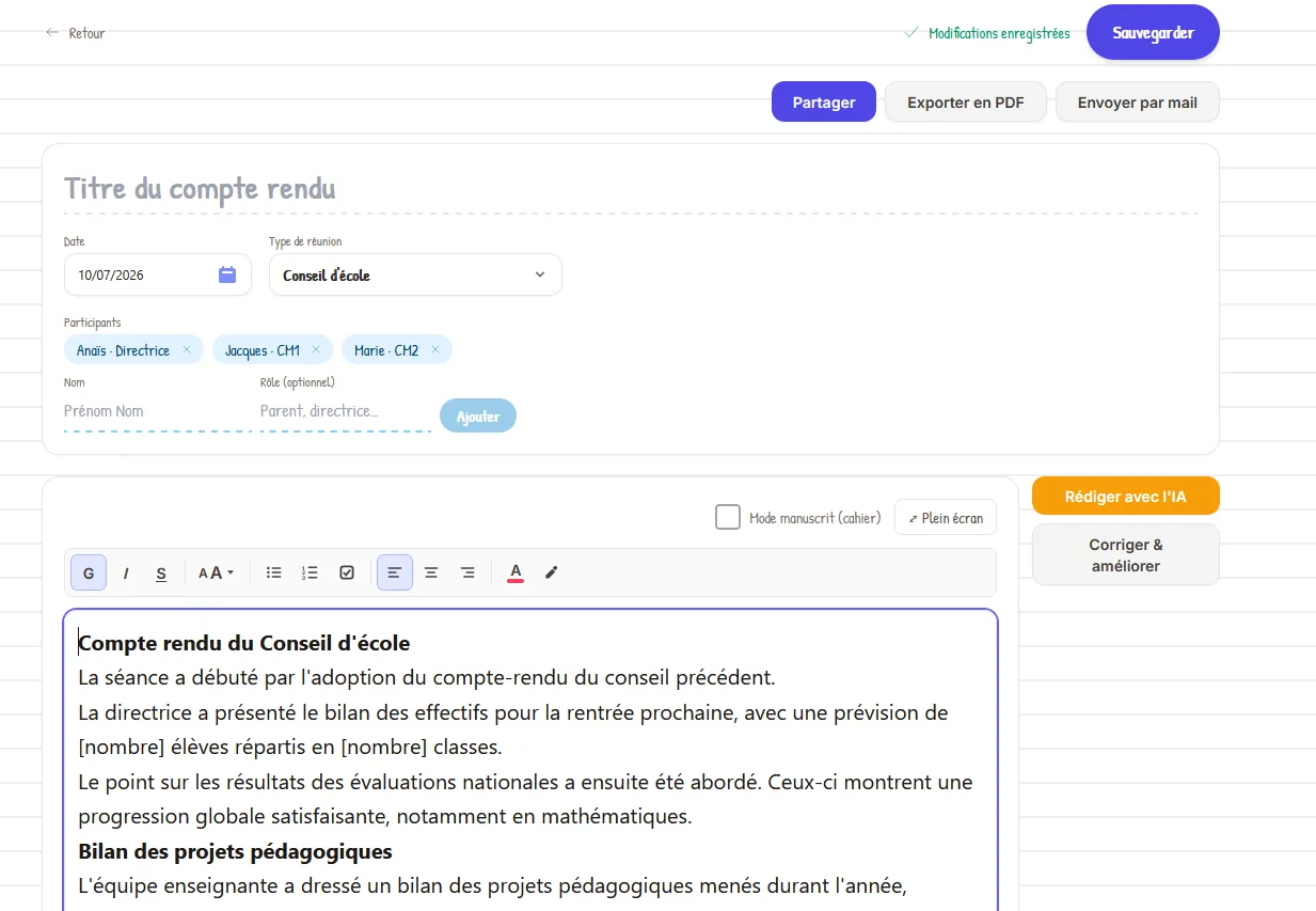 L’éditeur de compte rendu de réunion de Kayer avec l’aide à la rédaction